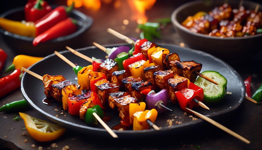 grilled tempeh with tangy bbq sauce on skewers