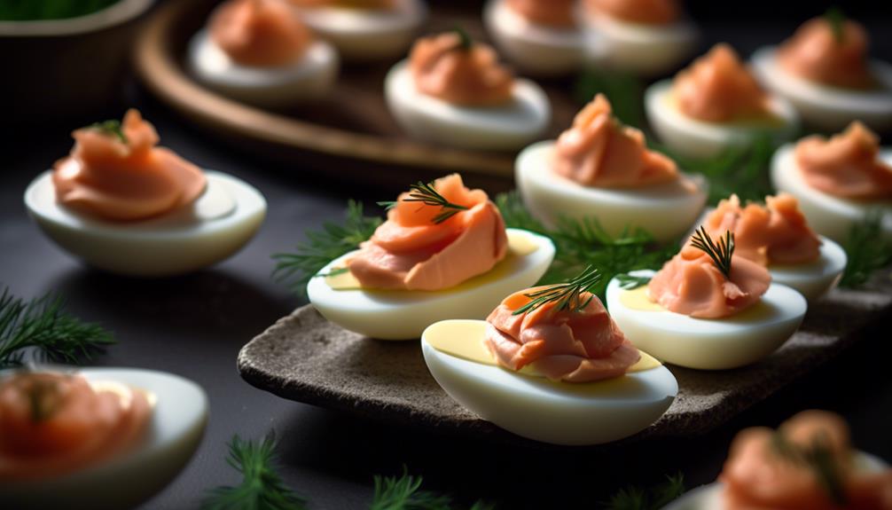 savory appetizer featuring eggs and salmon